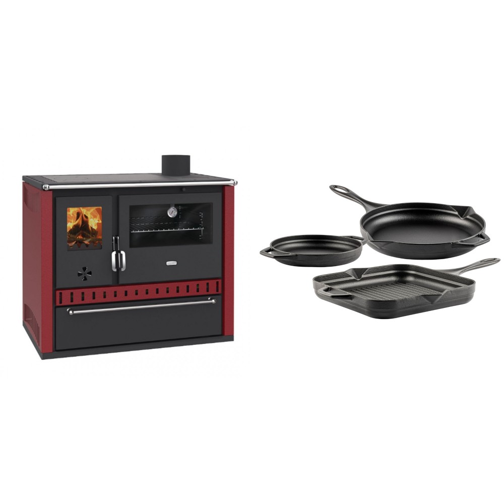 Set Küchenofen / Küchenhexe Prity GT Rot, mit Schublade, Leistung 15 kW + Gusseisen Topf Set aus 3 teilen Solagio, Black Onyx | Kaminofen - Holzofen mit Backfach | Kaminofen |