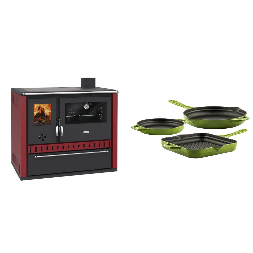 Set Küchenofen / Küchenhexe Prity GT Rot, mit Schublade, Leistung 15 kW + Gusseisen Topf Set aus 3 teilen Solagio, Bamboo