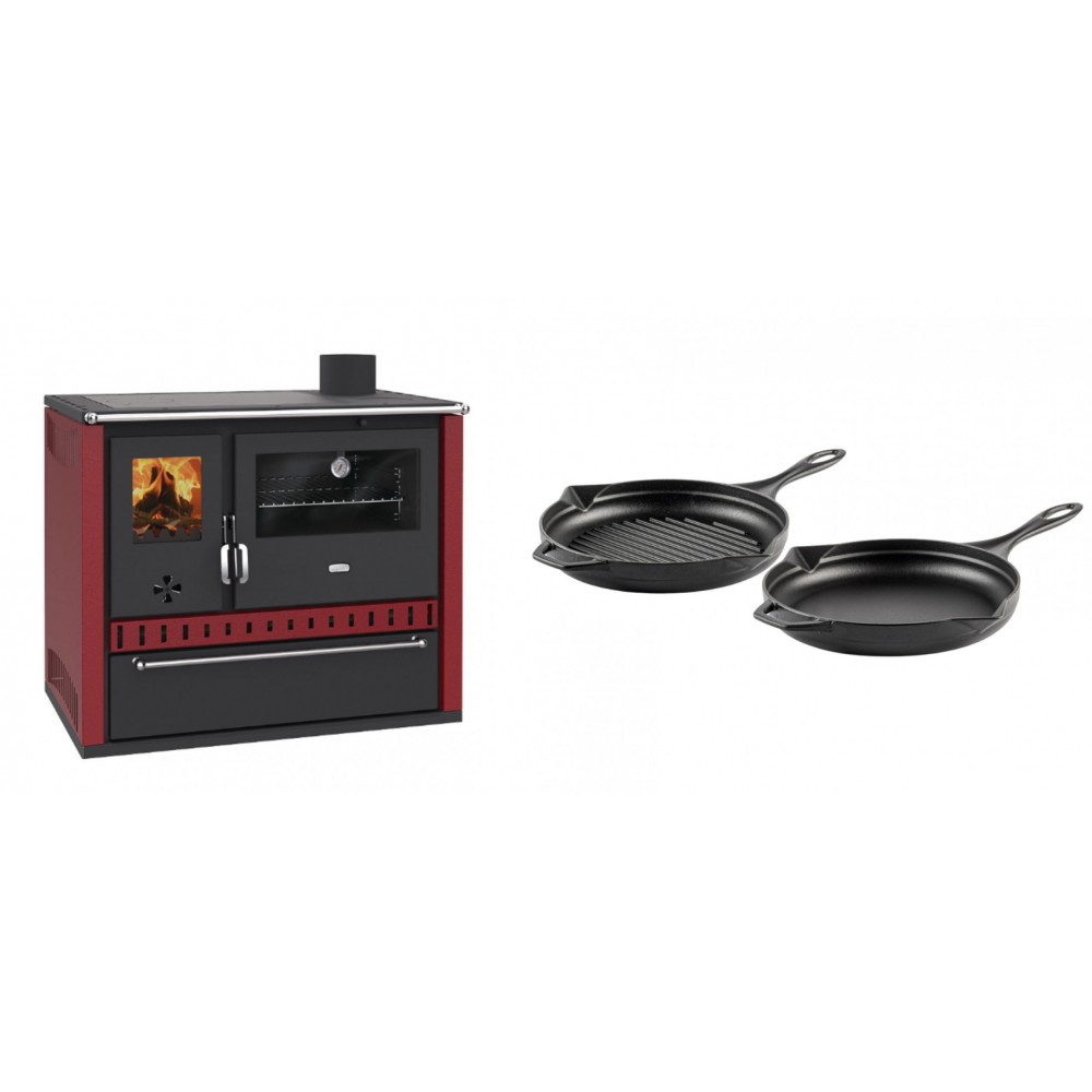 Set Küchenofen / Küchenhexe Prity GT Rot, mit Schublade, Leistung 15 kW + Gusseisen Topf Set aus 2 teilen Solagio, Black Onyx