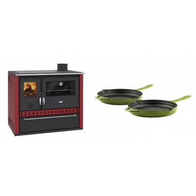 Set Küchenofen / Küchenhexe Prity GT Rot, mit Schublade, Leistung 15 kW + Gusseisen Topf Set aus 2 teilen Solagio, Bamboo - Kaminofen - Holzofen mit Backfach