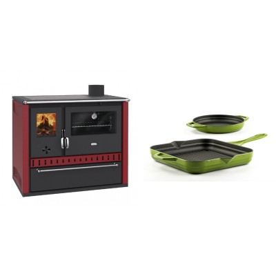 Set Küchenofen / Küchenhexe Prity GT Rot, mit Schublade, Leistung 15 kW + Gusseisen Topf Set aus 2 teilen Solagio, Bamboo - Kaminofen - Holzofen mit Backfach