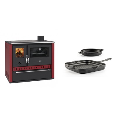 Set Küchenofen / Küchenhexe Prity GT Rot, mit Schublade, Leistung 15 kW + Gusseisen Topf Set aus 2 teilen Solagio, Black Onyx - Kaminofen - Holzofen mit Backfach