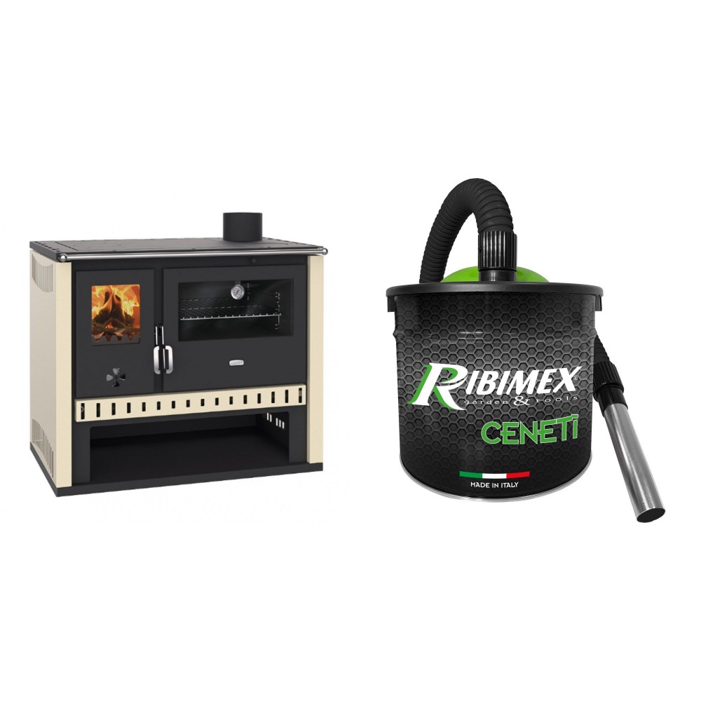 Set Küchenofen / Küchenhexe Prity GT, Leistung 15 kW + Elektrischer Aschesauger Ribimex, Modell Cenetì, Fassungsvermögen 15 L | Kaminofen - Holzofen mit Backfach | Prity |