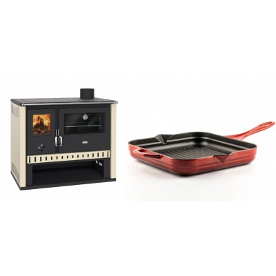 Set Küchenofen / Küchenhexe Prity GT, Leistung 15 kW + Emaillierte grillpfanne Gusseisen Solagio, Rubin, 28x28cm - Kaminofen - Holzofen mit Backfach