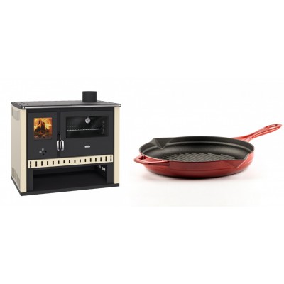Set Küchenofen / Küchenhexe Prity GT, Leistung 15 kW + Emaillierte grillpfanne Gusseisen Solagio, Rubin, Ф28cm - Kaminofen - Holzofen mit Backfach