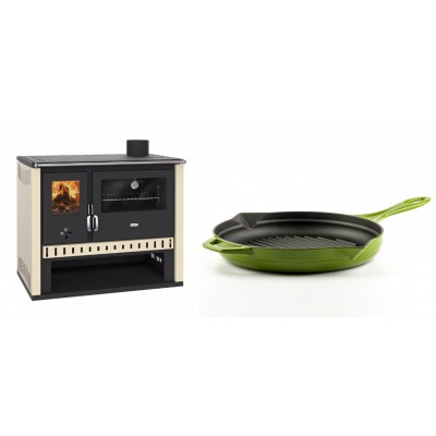 Set Küchenofen / Küchenhexe Prity GT, Leistung 15 kW + Emaillierte grillpfanne Gusseisen Solagio, Bamboo, Ф28cm - Kaminofen - Holzofen mit Backfach