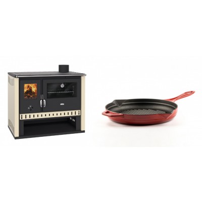 Set Küchenofen / Küchenhexe Prity GT, Leistung 15 kW + Emaillierte grillpfanne Gusseisen Solagio, Rubin, Ф24cm - Kaminofen - Holzofen mit Backfach