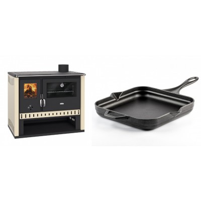 Set Küchenofen / Küchenhexe Prity GT, Leistung 15 kW + Emaillierte Gusseisenpfanne Solagio, Black Onyx, 28x28cm - Kaminofen - Holzofen mit Backfach