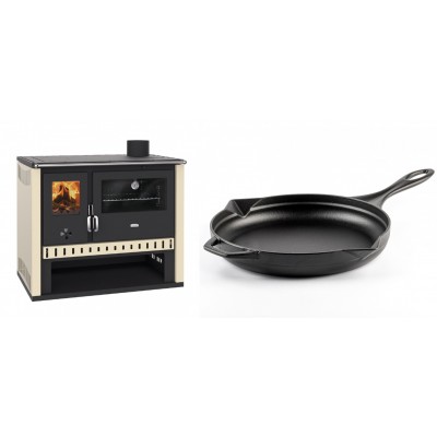 Set Küchenofen / Küchenhexe Prity GT, Leistung 15 kW + Emaillierte Gusseisenpfanne Solagio, Black Onyx, Ф28cm - Kaminofen - Holzofen mit Backfach