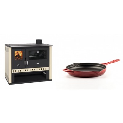 Set Küchenofen / Küchenhexe Prity GT, Leistung 15 kW + Emaillierte Gusseisenpfanne Solagio, Rubin, Ф24cm - Kaminofen - Holzofen mit Backfach