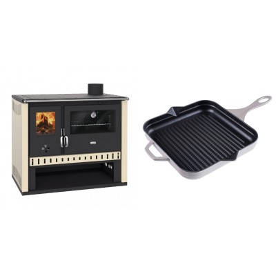 Set Küchenofen / Küchenhexe Prity GT, Leistung 15 kW + Emaillierte grillpfanne Gusseisen Solagio, Ivory, 28x28cm - Kaminofen - Holzofen mit Backfach