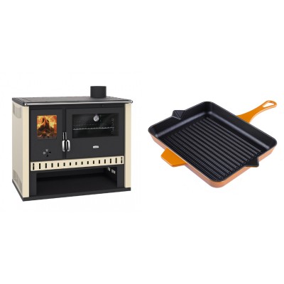 Set Küchenofen / Küchenhexe Prity GT, Leistung 15 kW + Emaillierte grillpfanne Gusseisen Solagio, Dijon, 26x32cm - Kaminofen - Holzofen mit Backfach