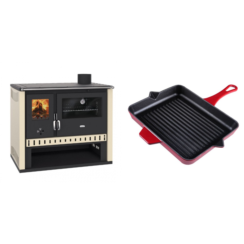 Set Küchenofen / Küchenhexe Prity GT, Leistung 15 kW + Emaillierte grillpfanne Gusseisen Solagio, Rubin, 26x32cm | Kaminofen - Holzofen mit Backfach | Kaminofen |