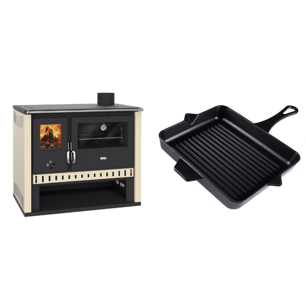Set Küchenofen / Küchenhexe Prity GT, Leistung 15 kW + Emaillierte grillpfanne Gusseisen Solagio, Black Onyx, 26x32cm | Kaminofen - Holzofen mit Backfach | Kaminofen |