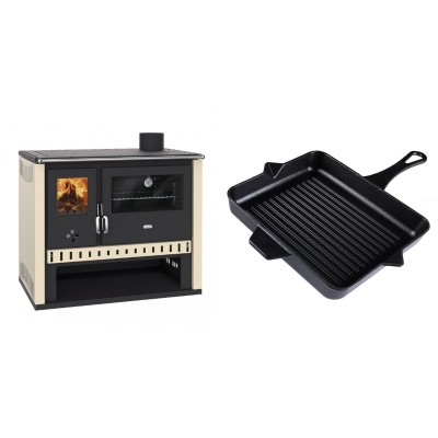 Set Küchenofen / Küchenhexe Prity GT, Leistung 15 kW + Emaillierte grillpfanne Gusseisen Solagio, Black Onyx, 26x32cm - Kaminofen - Holzofen mit Backfach