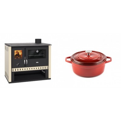 Set Küchenofen / Küchenhexe Prity GT, Leistung 15 kW + Gusseisen Topf Tiefer Solagio, Rubin, Ф20 - Kaminofen - Holzofen mit Backfach