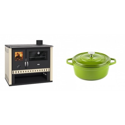 Set Küchenofen / Küchenhexe Prity GT, Leistung 15 kW + Gusseisen Topf Tiefer Solagio, Bamboo, Ф20 - Kaminofen - Holzofen mit Backfach