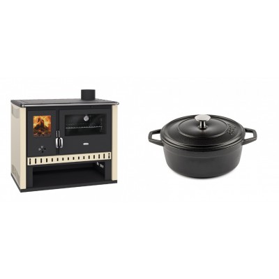 Set Küchenofen / Küchenhexe Prity GT, Leistung 15 kW + Gusseisen Topf Tiefer Solagio, Black Onyx, Ф20 - Kaminofen - Holzofen mit Backfach