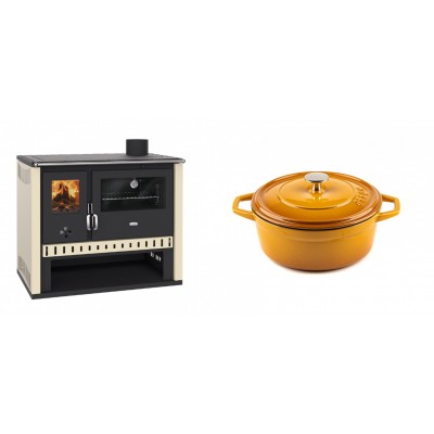 Set Küchenofen / Küchenhexe Prity GT, Leistung 15 kW + Gusseisen Topf Tiefer Solagio, Dijon, Ф20 - Kaminofen - Holzofen mit Backfach