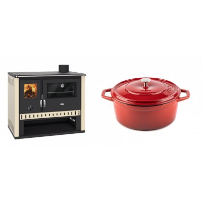 Set Küchenofen / Küchenhexe Prity GT, Leistung 15 kW + Gusseisen Topf Tiefer Solagio, Rubin, Ф24 - Kaminofen - Holzofen mit Backfach