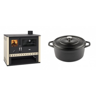 Set Küchenofen / Küchenhexe Prity GT, Leistung 15 kW + Gusseisen Topf Tiefer Solagio, Black Onyx, Ф24 - Kaminofen - Holzofen mit Backfach
