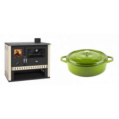 Set Küchenofen / Küchenhexe Prity GT, Leistung 15 kW + Gusseisen Topf Flach Solagio, Bamboo, Ф26 - Kaminofen - Holzofen mit Backfach