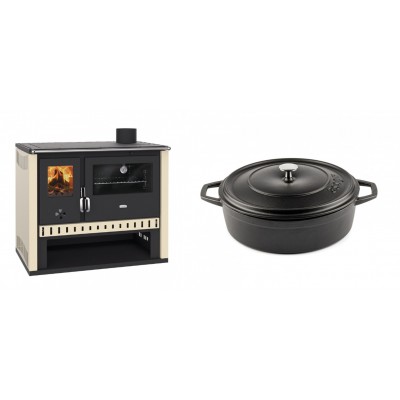 Set Küchenofen / Küchenhexe Prity GT, Leistung 15 kW + Gusseisen Topf Flach Solagio, Black Onyx, Ф26 - Kaminofen - Holzofen mit Backfach