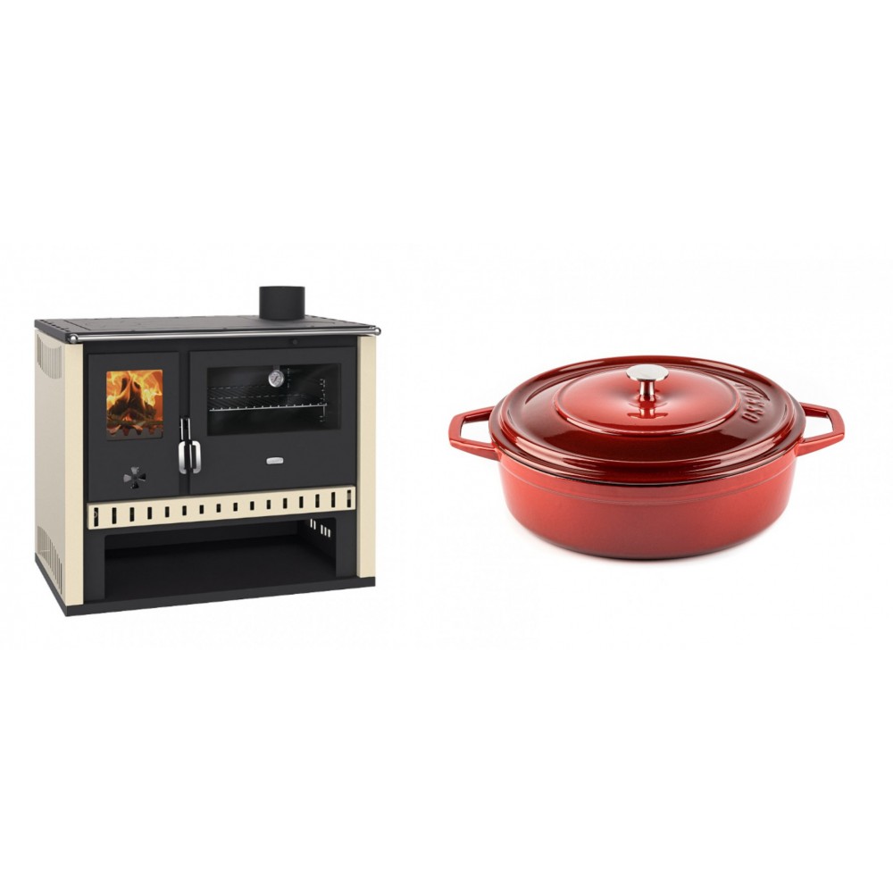 Set Küchenofen / Küchenhexe Prity GT, Leistung 15 kW + Gusseisen Topf Flach Solagio, Rubin, Ф26 | Kaminofen - Holzofen mit Backfach | Kaminofen |