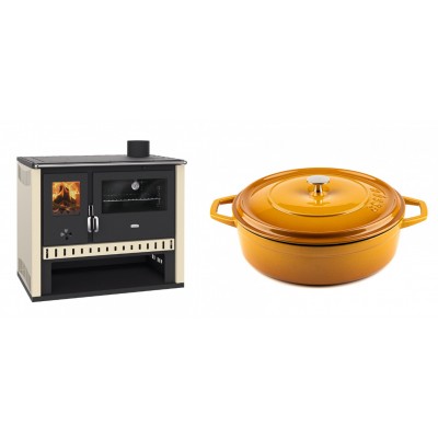 Set Küchenofen / Küchenhexe Prity GT, Leistung 15 kW + Gusseisen Topf Flach Solagio, Dijon, Ф28 - Kaminofen - Holzofen mit Backfach