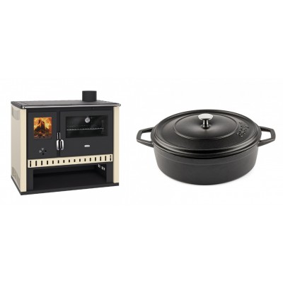 Set Küchenofen / Küchenhexe Prity GT, Leistung 15 kW + Gusseisen Topf Flach Solagio, Black Onyx, Ф28 - Kaminofen - Holzofen mit Backfach