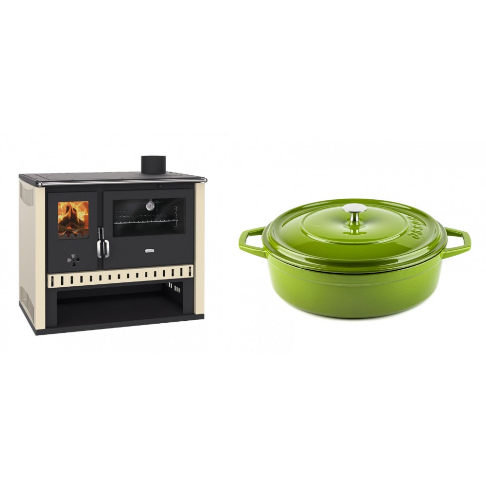 Set Küchenofen / Küchenhexe Prity GT, Leistung 15 kW + Gusseisen Topf Flach Solagio, Bamboo, Ф28 | Kaminofen - Holzofen mit Backfach | Kaminofen |