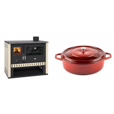Set Küchenofen / Küchenhexe Prity GT, Leistung 15 kW + Gusseisen Topf Flach Solagio, Rubin, Ф28 - Kaminofen - Holzofen mit Backfach