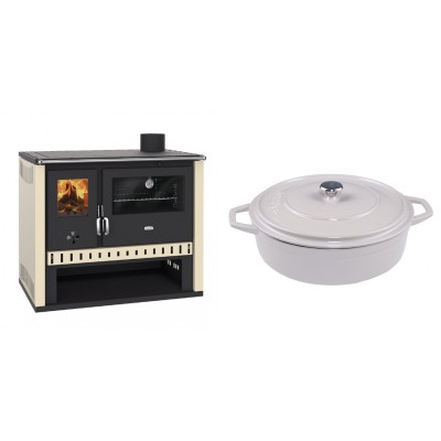 Set Küchenofen / Küchenhexe Prity GT, Leistung 15 kW + Gusseisen Topf Flach Solagio, Ivory, Ф28 - Kaminofen - Holzofen mit Backfach