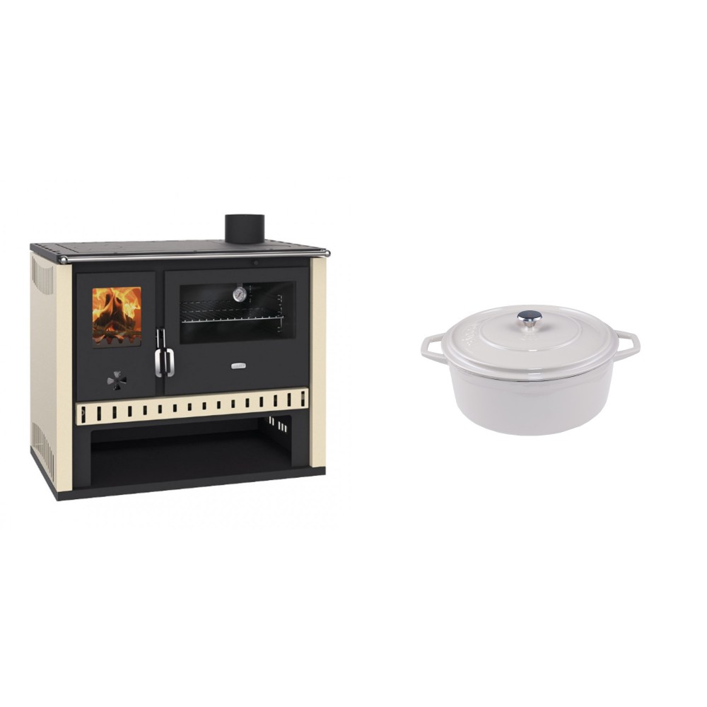 Set Küchenofen / Küchenhexe Prity GT, Leistung 15 kW + Gusseisen Topf Tiefer Solagio, Ivory, Ф12 | Kaminofen - Holzofen mit Backfach | Kaminofen |