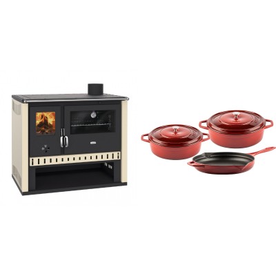 Set Küchenofen / Küchenhexe Prity GT, Leistung 15 kW + Gusseisen Topf Set aus 3 teilen Solagio, Rubin - Kaminofen - Holzofen mit Backfach