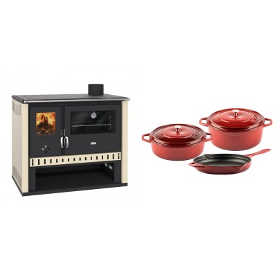 Set Küchenofen / Küchenhexe Prity GT, Leistung 15 kW + Gusseisen Topf Set aus 3 teilen Solagio, Rubin - Kaminofen - Holzofen mit Backfach