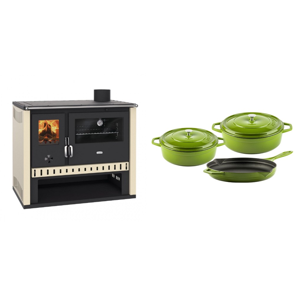 Set Küchenofen / Küchenhexe Prity GT, Leistung 15 kW + Gusseisen Topf Set aus 3 teilen Solagio, Bamboo | Kaminofen - Holzofen mit Backfach | Kaminofen |