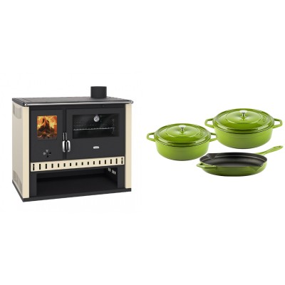 Set Küchenofen / Küchenhexe Prity GT, Leistung 15 kW + Gusseisen Topf Set aus 3 teilen Solagio, Bamboo - Kaminofen - Holzofen mit Backfach