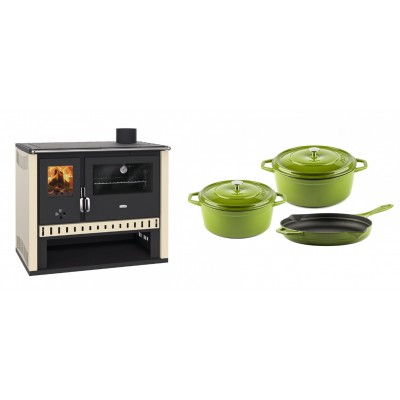 Set Küchenofen / Küchenhexe Prity GT, Leistung 15 kW + Gusseisen Topf Set aus 3 teilen Solagio, Bamboo - Kaminofen - Holzofen mit Backfach