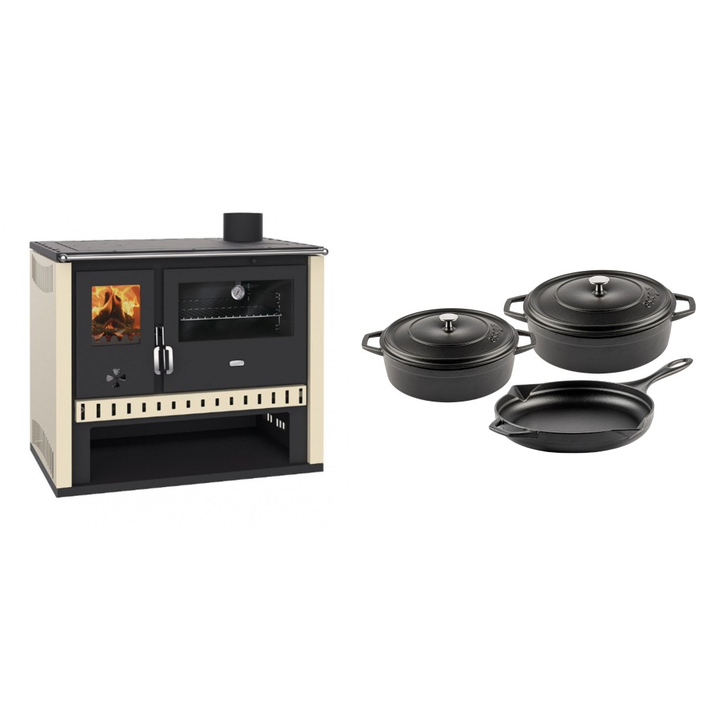 Set Küchenofen / Küchenhexe Prity GT, Leistung 15 kW + Gusseisen Topf Set aus 3 teilen Solagio, Black Onyx