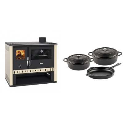 Set Küchenofen / Küchenhexe Prity GT, Leistung 15 kW + Gusseisen Topf Set aus 3 teilen Solagio, Black Onyx - Kaminofen - Holzofen mit Backfach