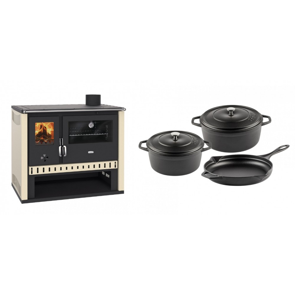 Set Küchenofen / Küchenhexe Prity GT, Leistung 15 kW + Gusseisen Topf Set aus 3 teilen Solagio, Black Onyx | Kaminofen - Holzofen mit Backfach | Kaminofen |