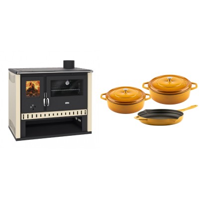 Set Küchenofen / Küchenhexe Prity GT, Leistung 15 kW + Gusseisen Topf Set aus 3 teilen Solagio, Dijon - Kaminofen - Holzofen mit Backfach