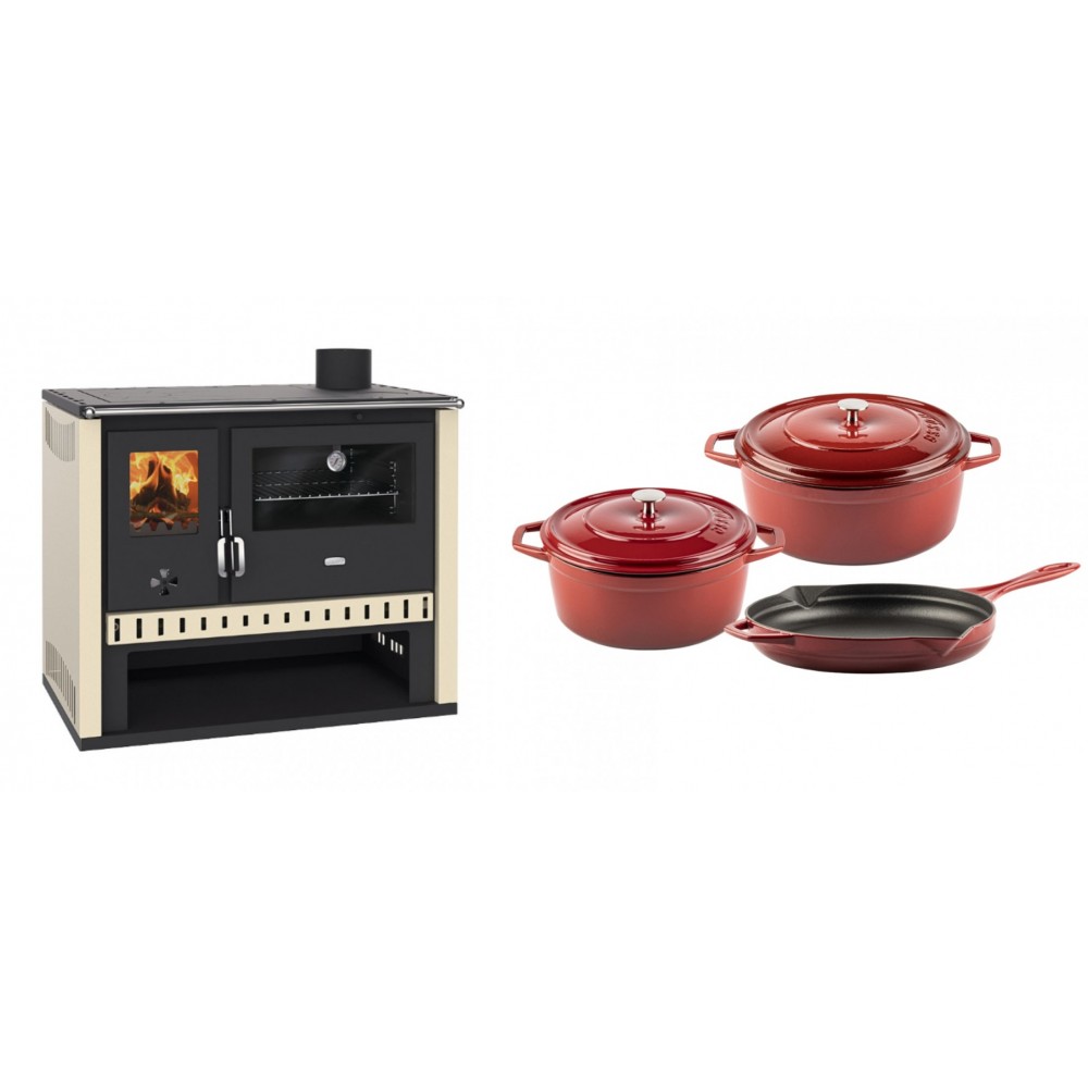 Set Küchenofen / Küchenhexe Prity GT, Leistung 15 kW + Gusseisen Topf Set aus 3 teilen Solagio, Rubin | Kaminofen - Holzofen mit Backfach | Kaminofen |