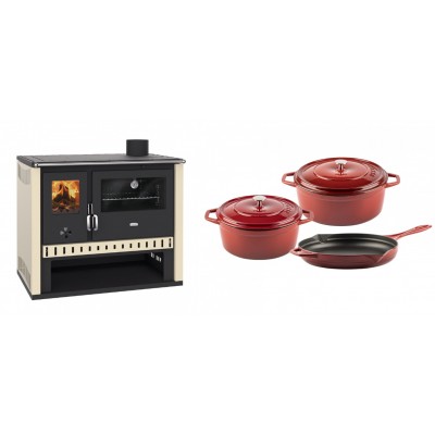 Set Küchenofen / Küchenhexe Prity GT, Leistung 15 kW + Gusseisen Topf Set aus 3 teilen Solagio, Rubin - Kaminofen - Holzofen mit Backfach