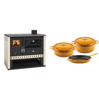 Set Küchenofen / Küchenhexe Prity GT, Leistung 15 kW + Gusseisen Topf Set aus 3 teilen Solagio, Dijon - Kaminofen - Holzofen mit Backfach