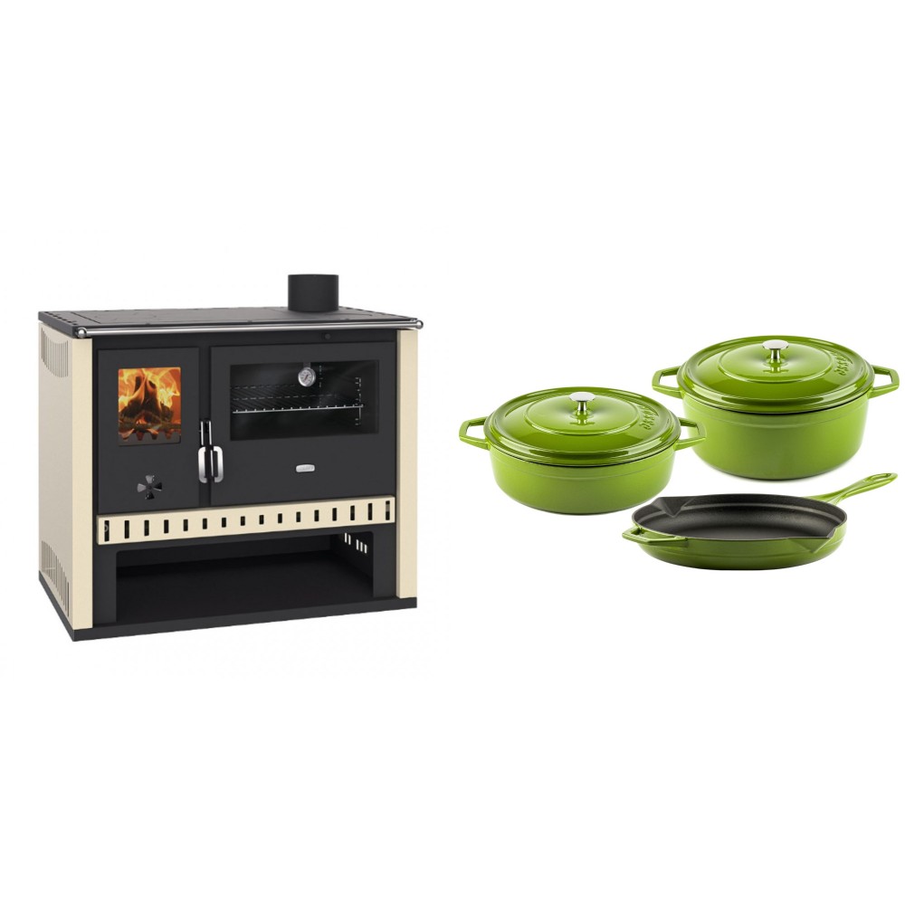 Set Küchenofen / Küchenhexe Prity GT, Leistung 15 kW + Gusseisen Topf Set aus 3 teilen Solagio, Bamboo