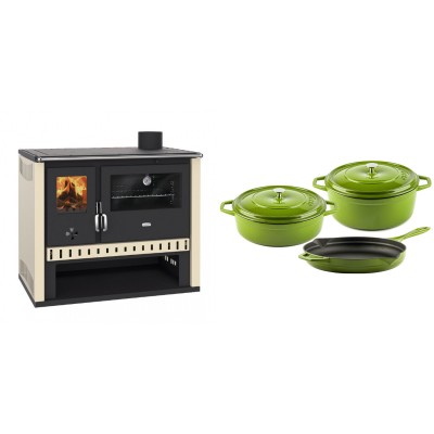Set Küchenofen / Küchenhexe Prity GT, Leistung 15 kW + Gusseisen Topf Set aus 3 teilen Solagio, Bamboo - Kaminofen - Holzofen mit Backfach