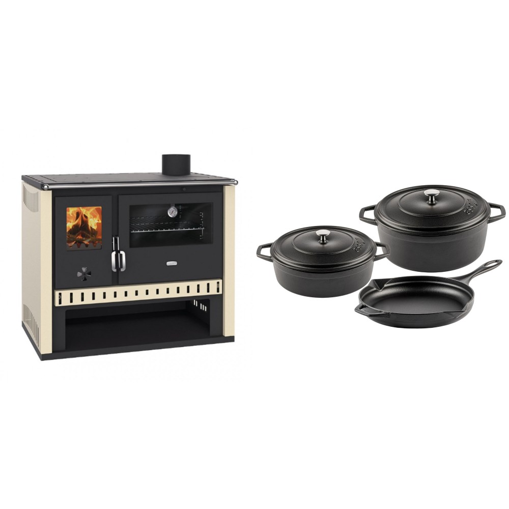 Set Küchenofen / Küchenhexe Prity GT, Leistung 15 kW + Gusseisen Topf Set aus 3 teilen Solagio, Black Onyx | Kaminofen - Holzofen mit Backfach | Kaminofen |