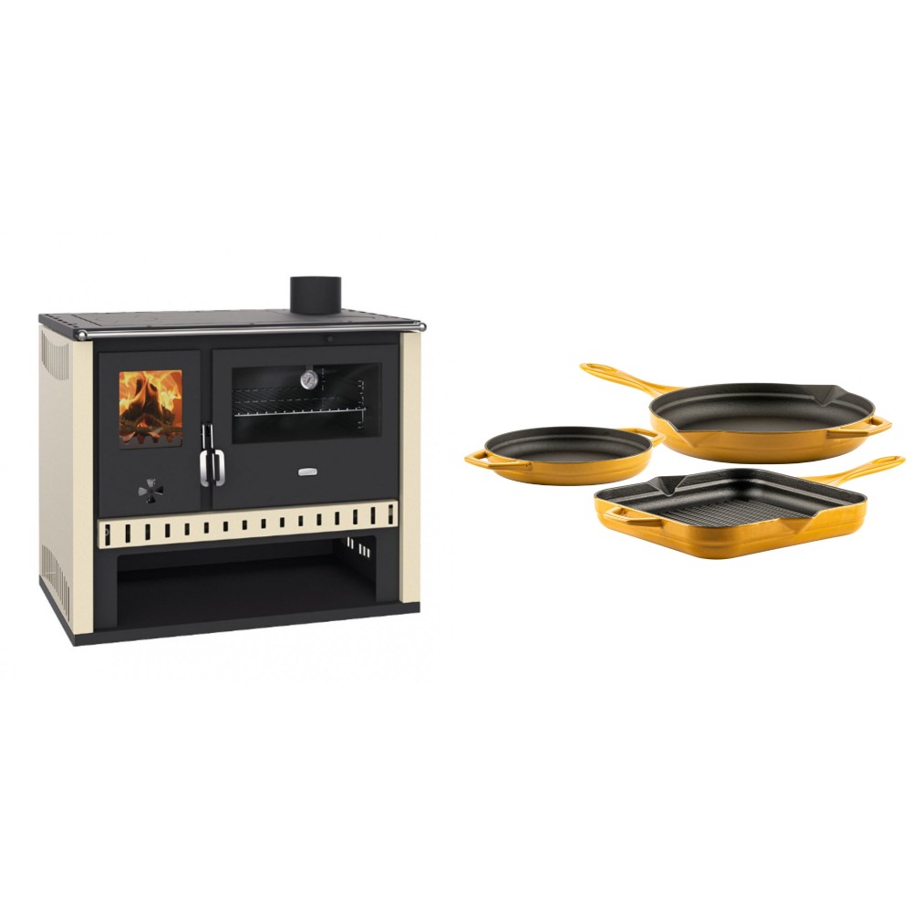 Set Küchenofen / Küchenhexe Prity GT, Leistung 15 kW + Gusseisen Topf Set aus 3 teilen Solagio, Dijon | Kaminofen - Holzofen mit Backfach | Kaminofen |